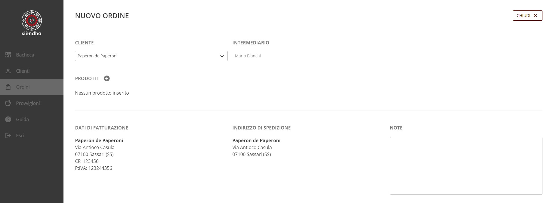Schermata inserimento nuovo ordine